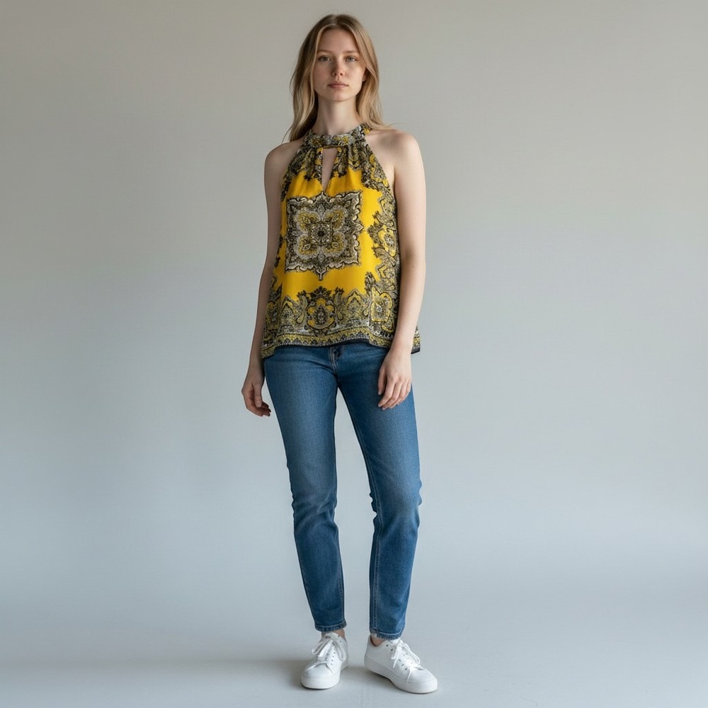 Cache Womens Yellow Paisley Medallion Halter Tie Back Sleeveless Blouse Large